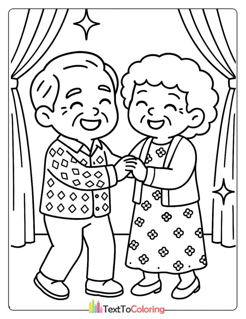 A joyful elderly couple holding hands and dancing together. A fun and romantic activity coloring sheet.