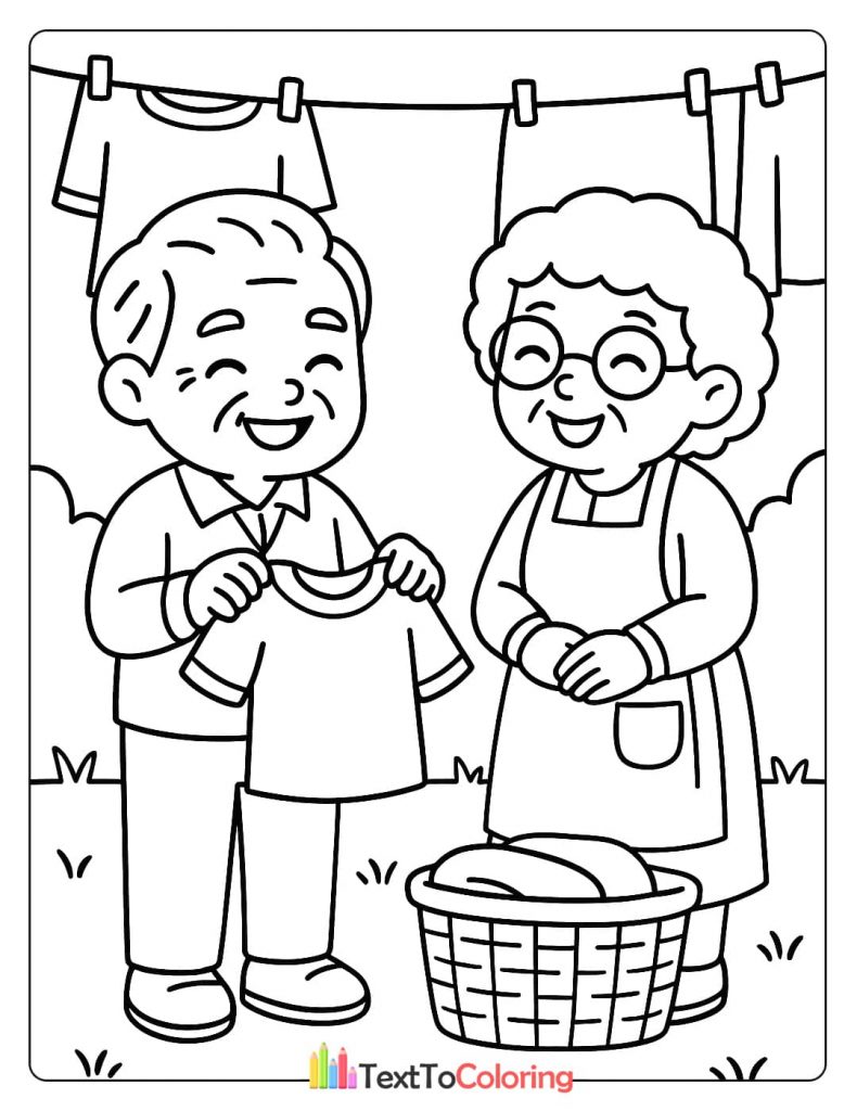 A happy elderly couple, a grandpa and a grandma, hanging laundry on a clothesline outdoors. A sweet, everyday activity coloring sheet.