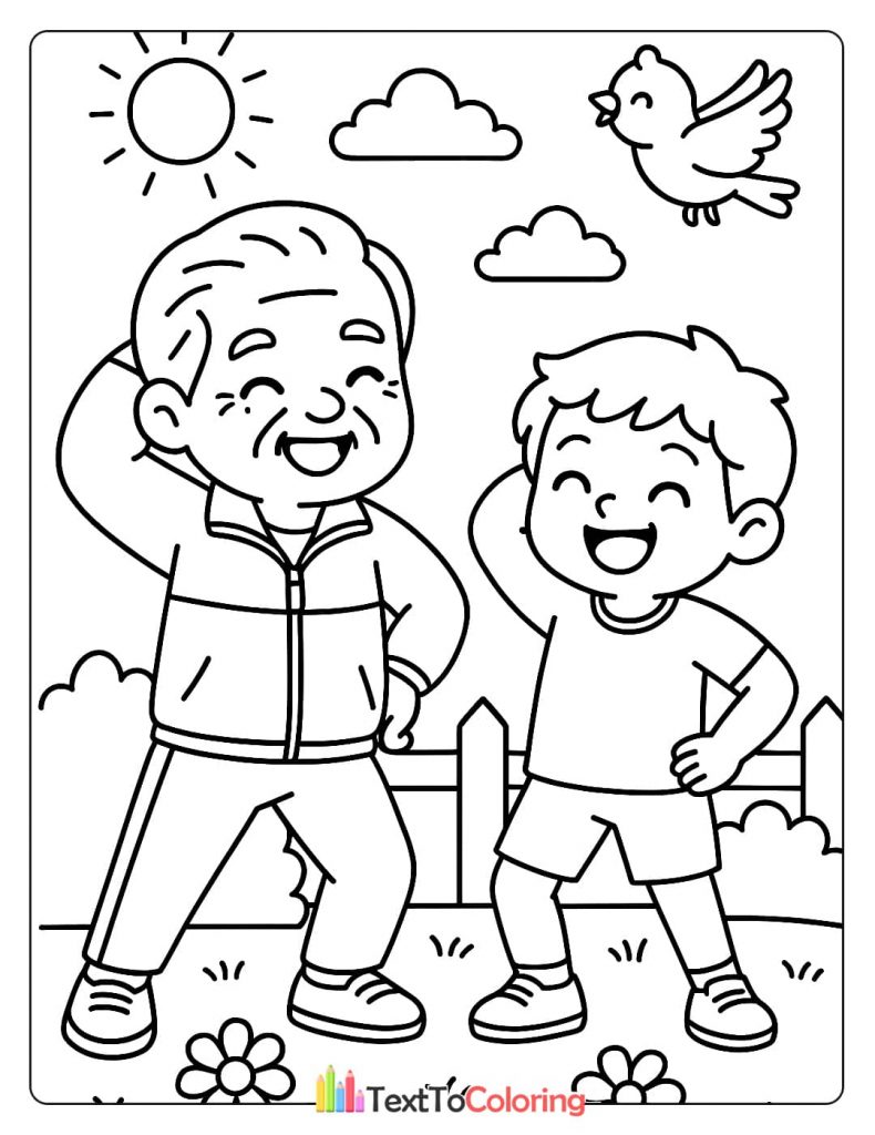 A happy elderly man and a young boy smiling and exercising outdoors in a park with a fence and a bird flying. A bonding activity coloring sheet.