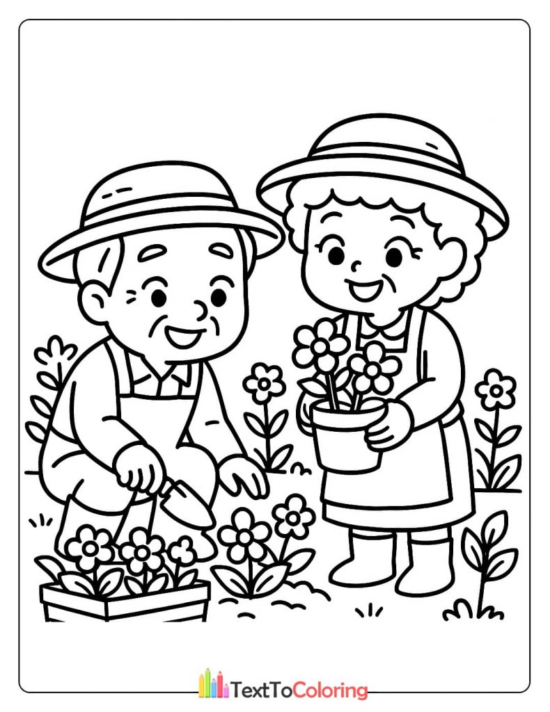 A grandpa and grandma wearing gardening hats and aprons, planting flowers together. A wholesome hobby coloring sheet.