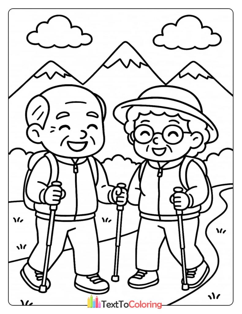 A happy elderly couple hiking with backpacks and walking sticks in a scenic mountain landscape. An adventurous activity coloring sheet.