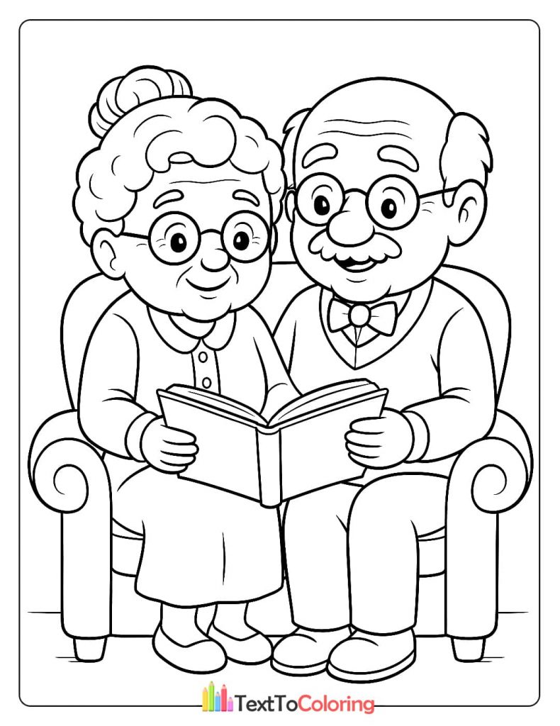 A happy elderly couple, a grandpa and a grandma, sitting on a couch and reading a book together. A cozy family moment coloring sheet.