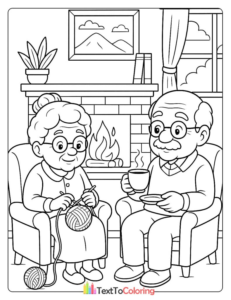 An elderly woman is knitting while an elderly man sips tea, sitting in armchairs by a cozy fireplace. A relaxing indoor activity coloring sheet.