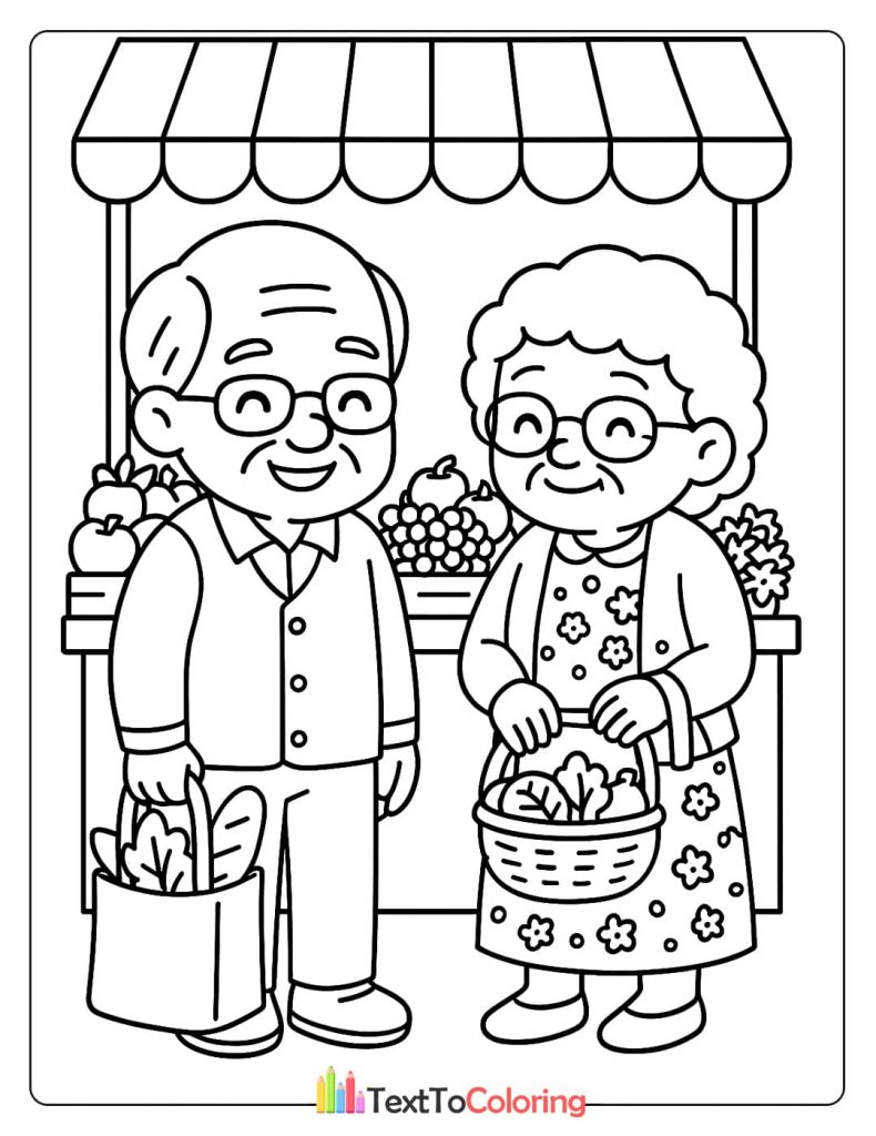 A joyful elderly couple holding bags of groceries in front of a market stand. A charming community scene coloring sheet.