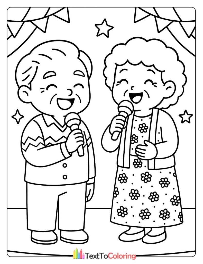 A happy elderly couple, a grandpa and grandma, singing into microphones together. A fun and lively activity coloring sheet.