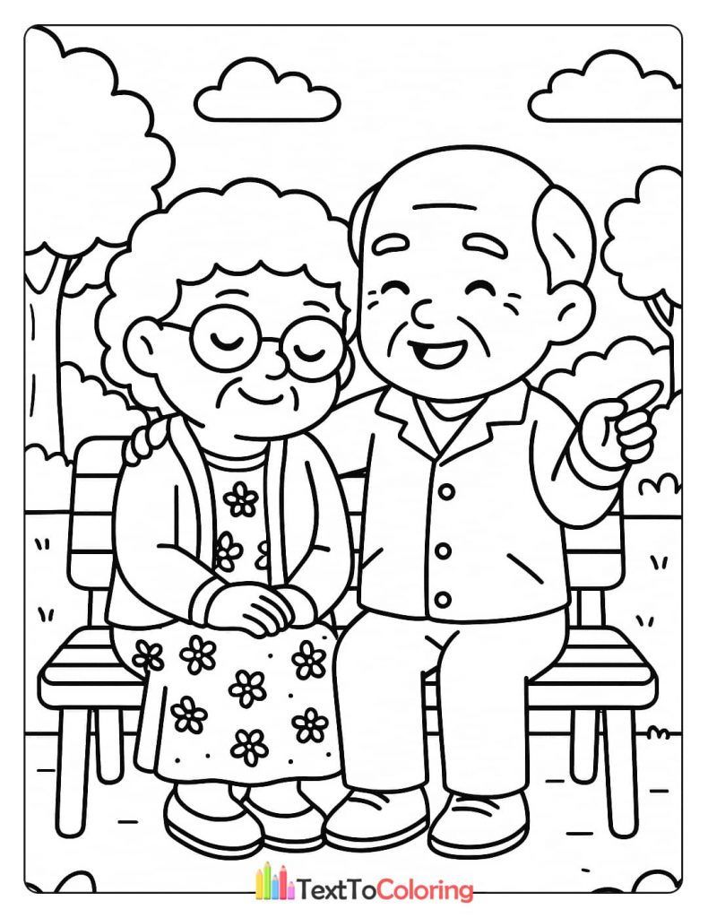 A happy grandpa with his arm around his grandma, sitting on a park bench. A warm and loving scene coloring sheet.