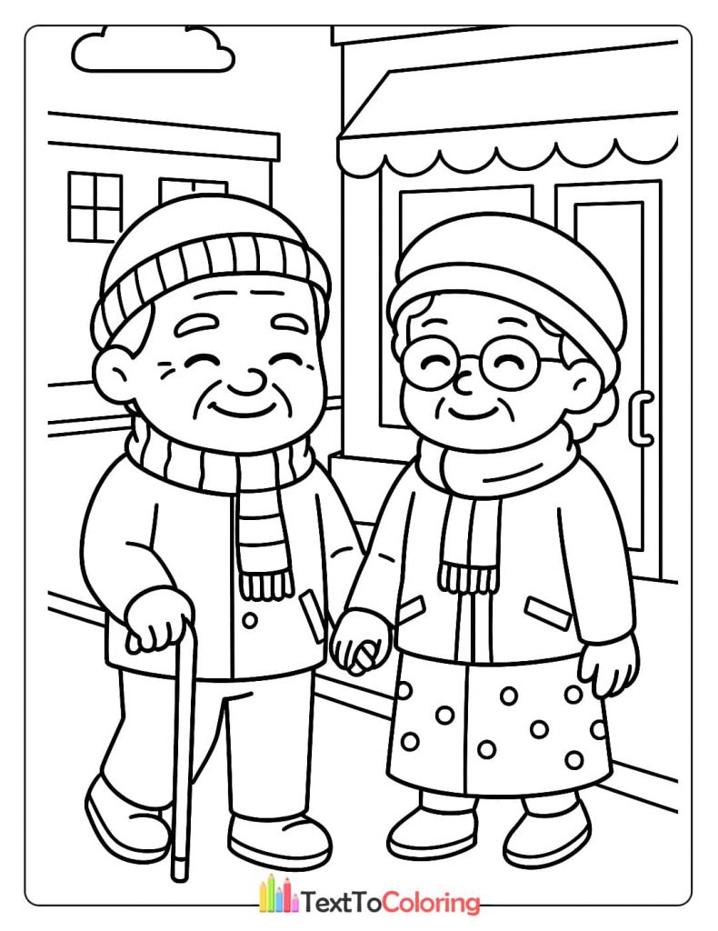 A cute elderly couple, a grandpa with a cane and a grandma, walking arm-in-arm down a sidewalk. A loving outdoor scene coloring sheet.