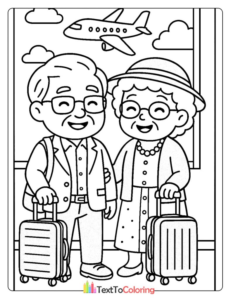 A happy elderly couple standing with suitcases at the airport, ready to travel. An adventurous grandparents coloring sheet.