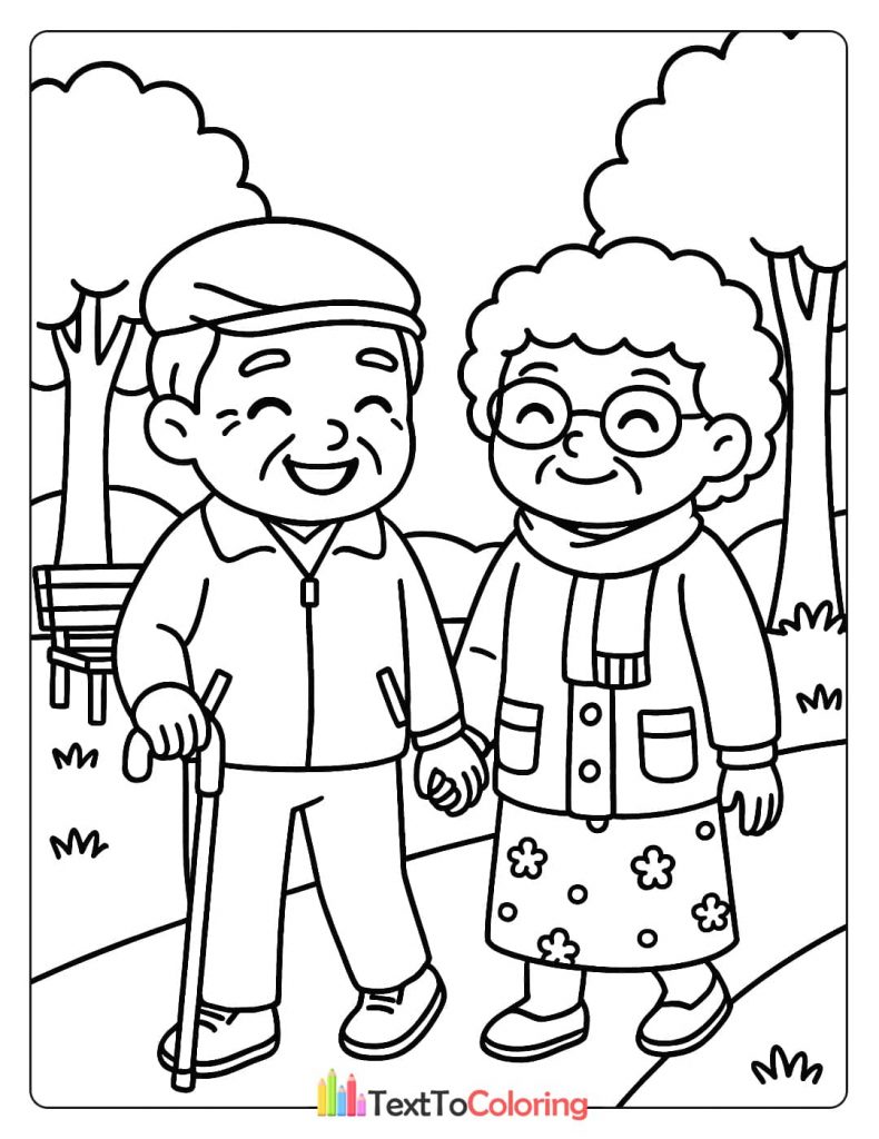 A loving elderly couple, holding hands and walking together through a park. A peaceful outdoor scene coloring sheet.