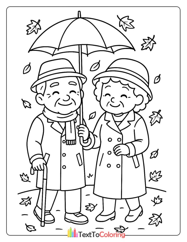 A loving elderly couple sharing an umbrella while walking outdoors surrounded by falling autumn leaves. A romantic fall scene coloring sheet.
