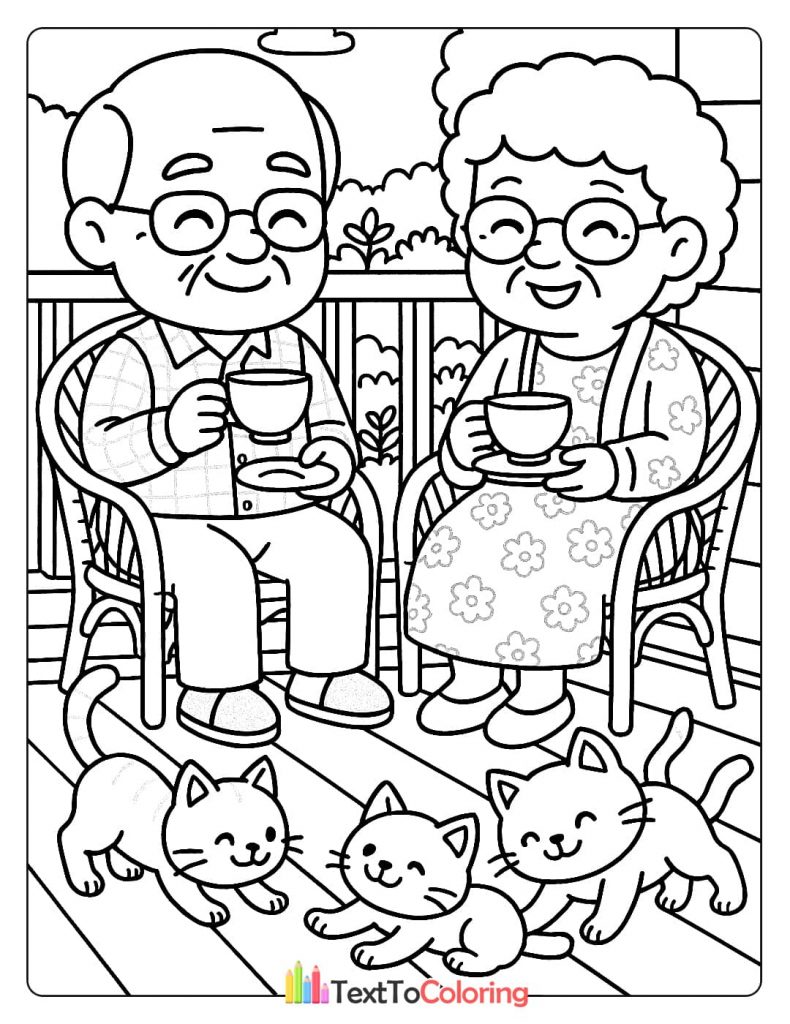 A happy elderly couple drinking tea on a porch with three kittens playing around their feet. A relaxing, cozy activity coloring sheet.