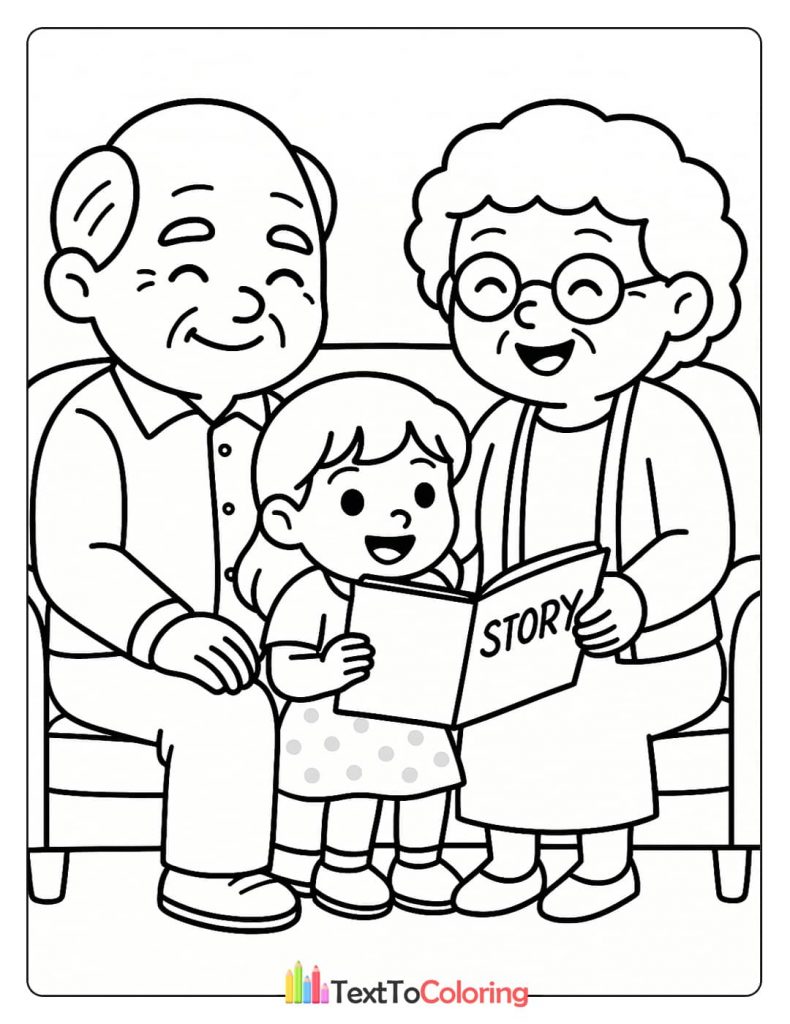 A happy elderly couple and a young girl reading a storybook together on a couch. A special family moment coloring sheet.
