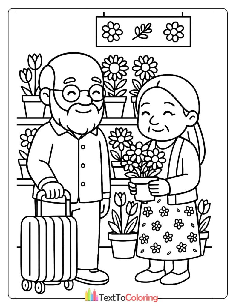 A young girl with a ponytail holding a pot of flowers and smiling, while her grandfather stands with a suitcase in a flower shop. A happy family moment coloring sheet.