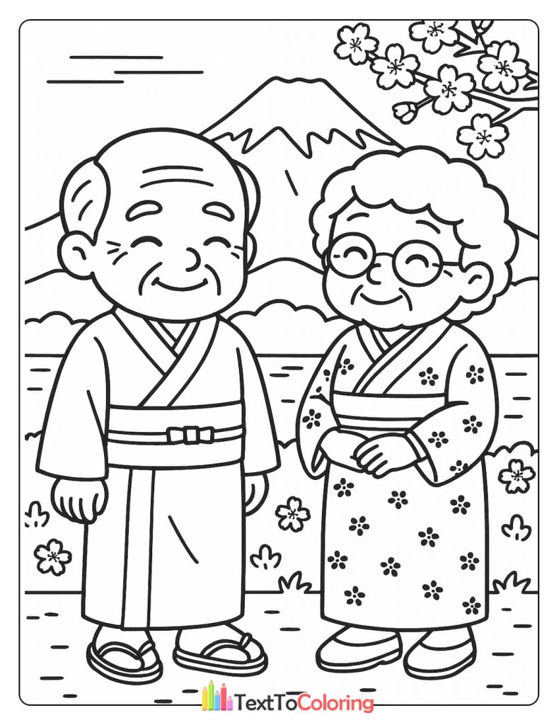 An elderly couple dressed in traditional Japanese clothing, a kimono and yukata, with Mount Fuji in the background. A cultural-themed coloring sheet.