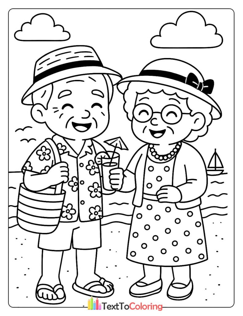 A happy grandpa and grandma dressed in beach clothes with a straw hat and drink, standing by the ocean. A relaxing vacation coloring sheet.