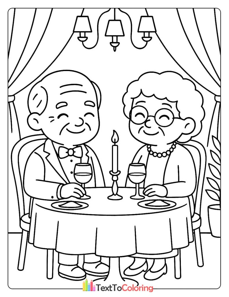 An elegant elderly couple having a romantic dinner at a table with a candle and wine glasses. A special occasion coloring sheet.