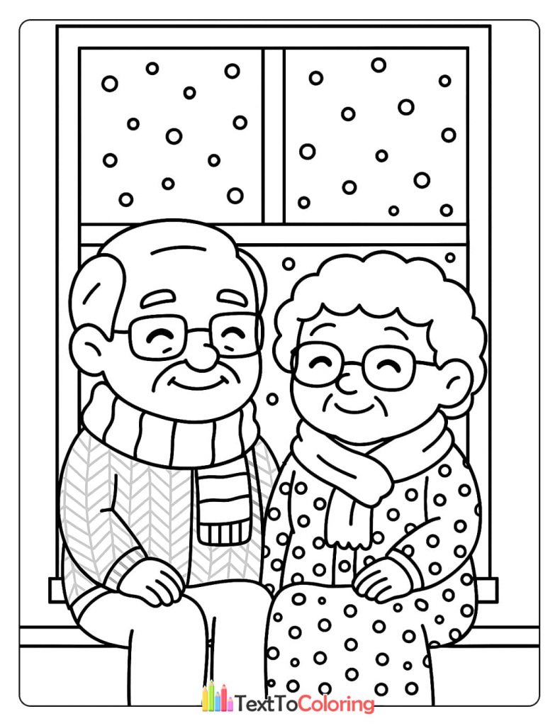 A happy elderly couple sitting together, looking out a window at falling snow. A cozy winter scene coloring sheet.