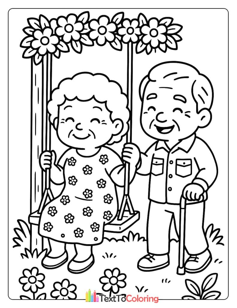 A happy grandpa pushing his grandma on a swing in a garden with flowers. A playful outdoor scene coloring sheet.