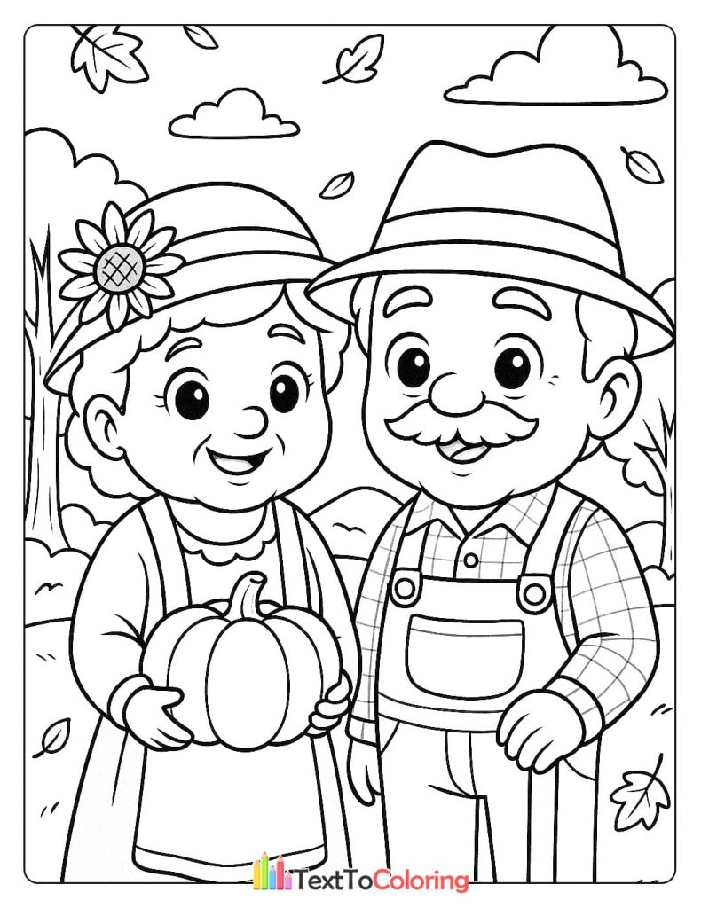 An elderly woman and man, dressed as farmers, standing in an autumn field holding a pumpkin. A fall-themed grandparents coloring sheet.