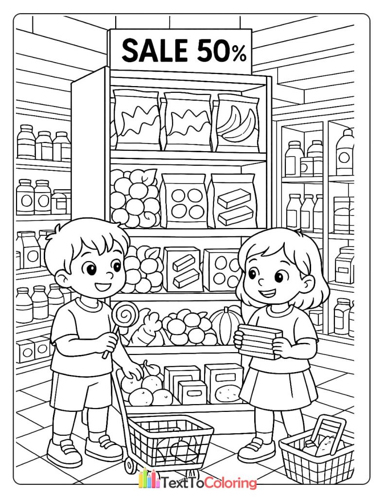 boy and a girl shopping at a mini-mart. The boy holds a lollipop while the girl holds a stack of books, with shelves of food behind them.