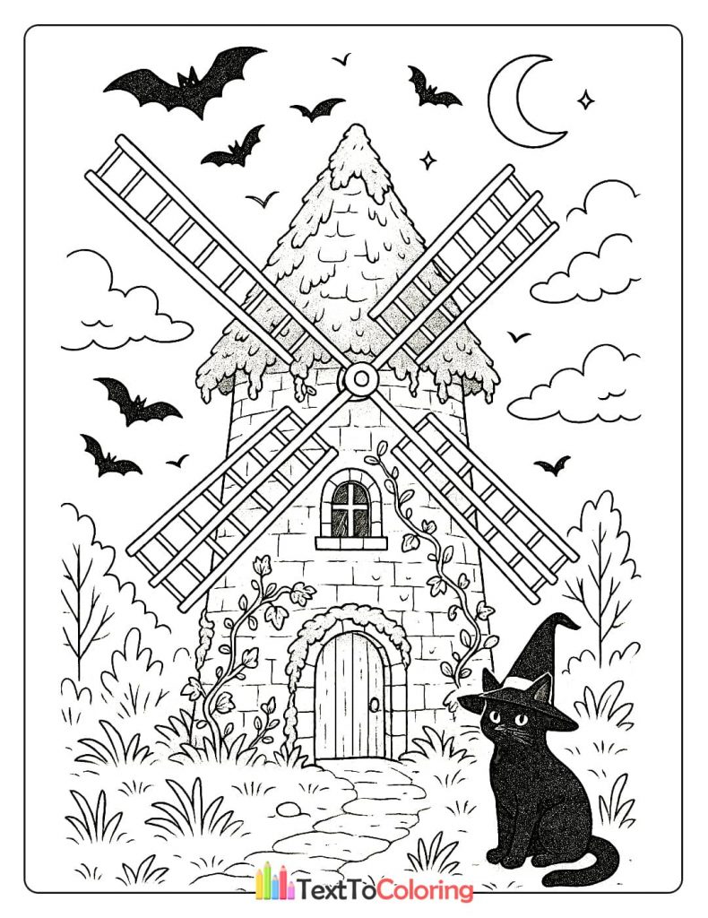 A cute black cat wearing a witch hat sits in front of a stone windmill with bats flying around.