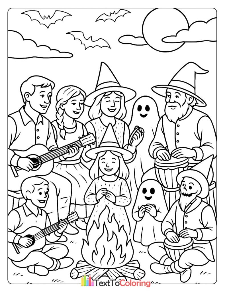 A group of people and ghosts playing guitars and bongos around a campfire on Halloween night.