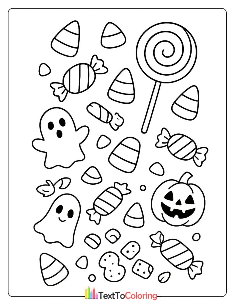 Assortment of Halloween candy ghosts and pumpkin coloring
