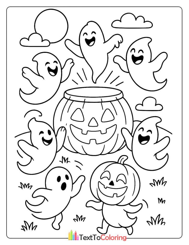Six ghosts and a pumpkin character dancing around a large, glowing jack-o'-lantern in a grassy yard under a full moon.