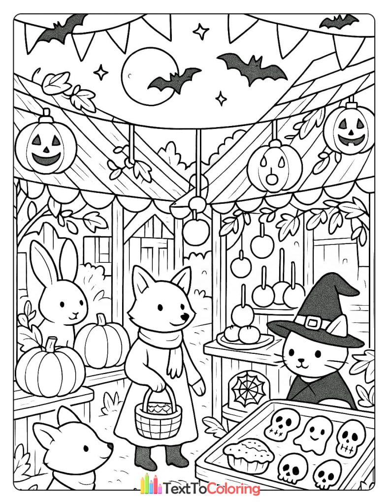 A fox and a rabbit at a Halloween fair with a cat selling skull-shaped cookies and candy apples.