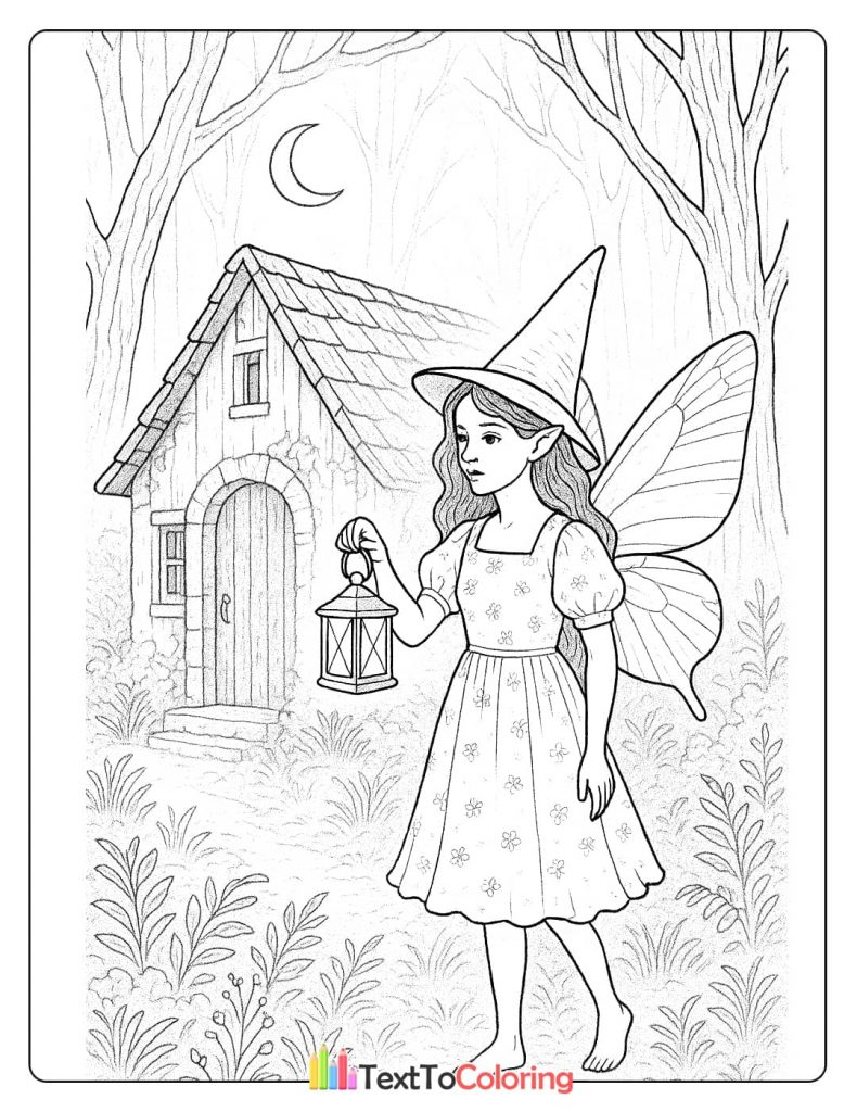 A fairy witch with wings and a pointy hat holding a lantern in front of a small cottage.