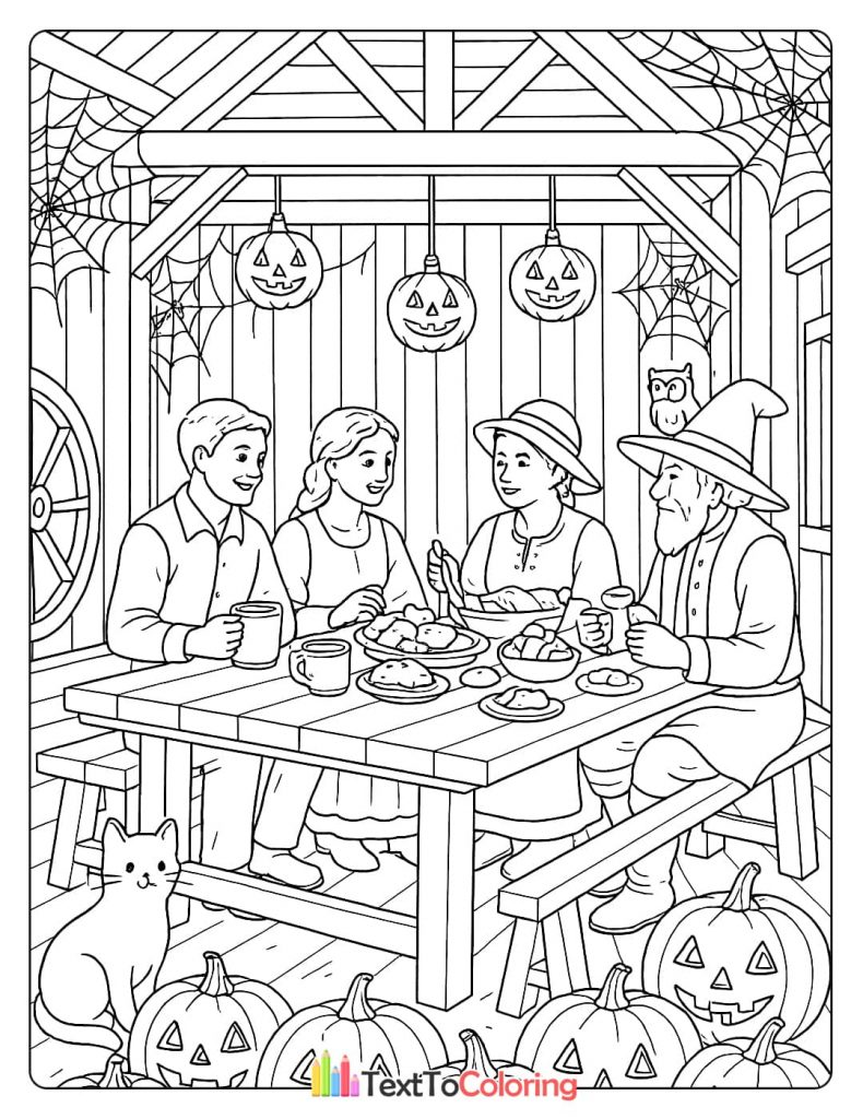 A family having a Halloween dinner at a table with a black cat, pumpkins, and a hanging owl.