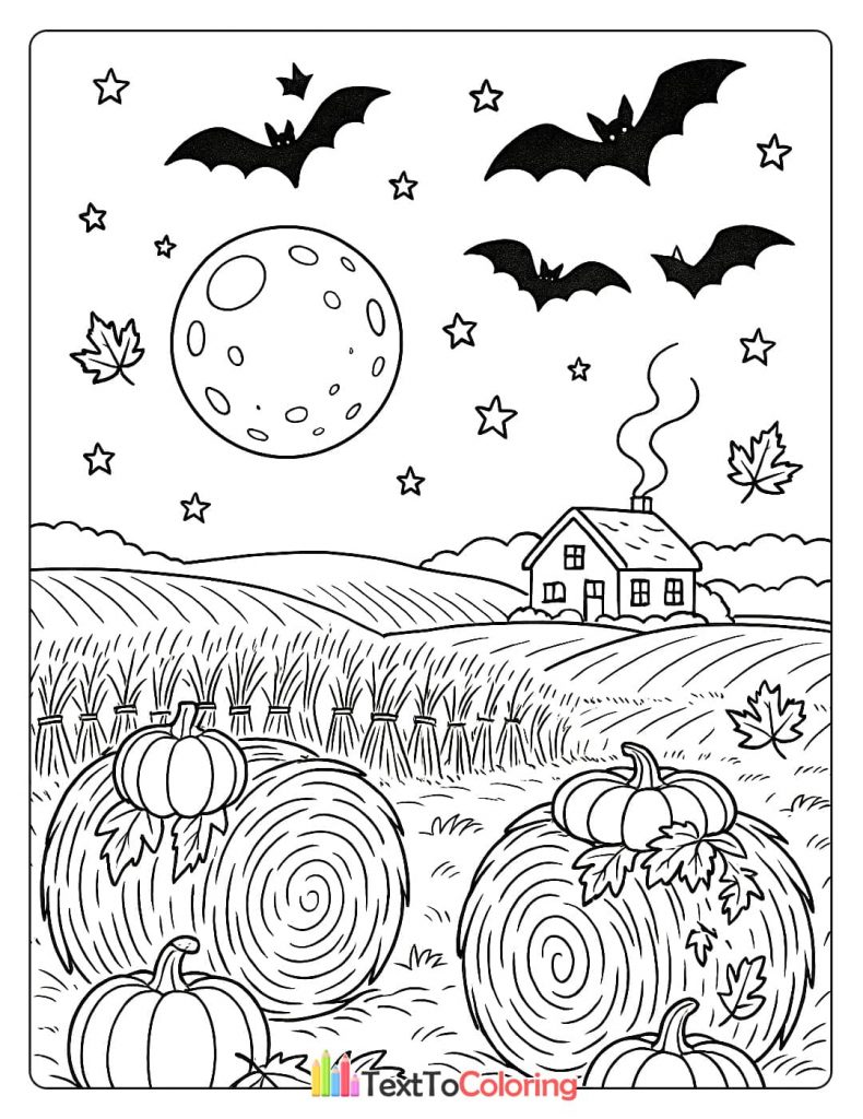 A field with hay bales and pumpkins under a full moon, with bats flying and a small cottage in the distance.