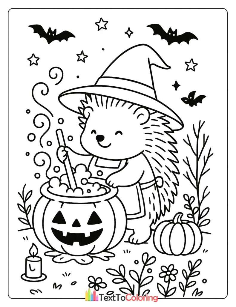 A little hedgehog wearing a witch hat and apron, stirring a bubbling potion in a jack-o-lantern cauldron.
