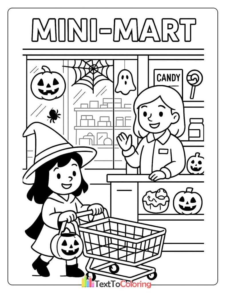 A girl in a witch costume with a shopping cart full of candy at a mini-mart, with Halloween decorations in the background.