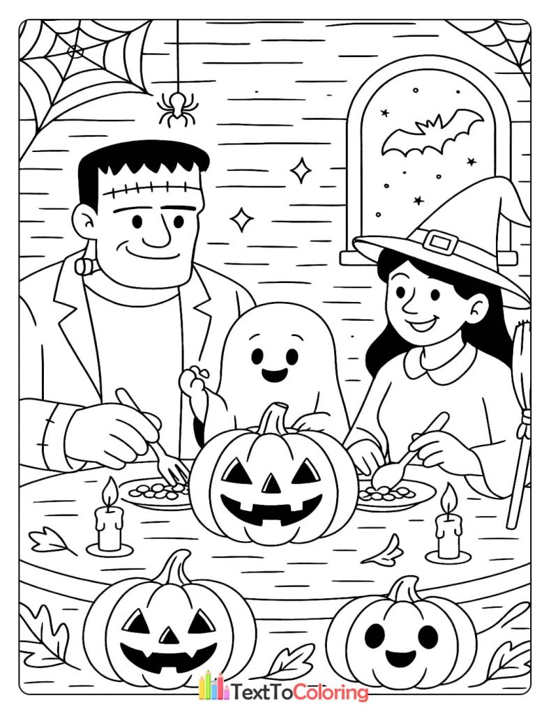 Frankenstein witch and ghost having a fun Halloween dinner