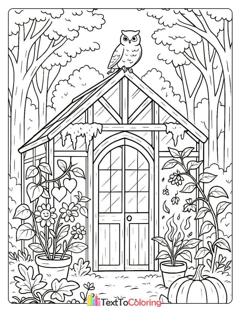 An owl perched on the roof of a greenhouse with potted plants and a pumpkin in the garden