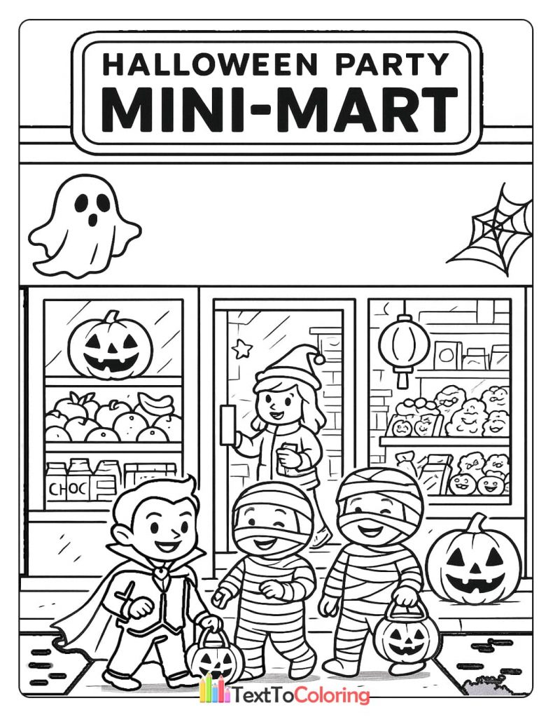 Kids in Halloween costumes—a vampire and two mummies—standing outside a decorated mini-mart with pumpkins and a ghost.