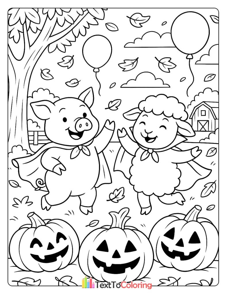 A coloring page of a pig and a sheep wearing capes, celebrating Halloween with jack-o'-lanterns, falling leaves, and balloons on the farm.