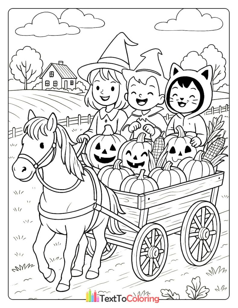 Three children in Halloween costumes a witch, a vampire, and a cat riding in a horse-drawn wagon full of pumpkins.