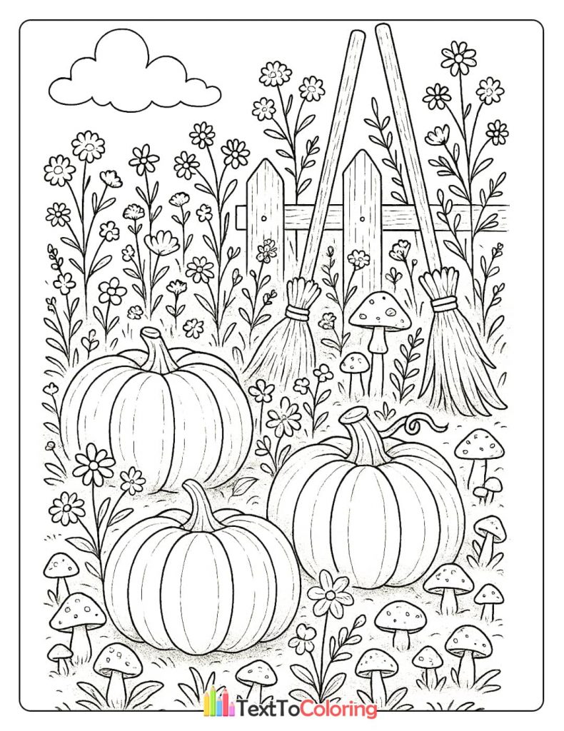 A pumpkin patch with three large pumpkins, two brooms leaning against a fence, and flowers.