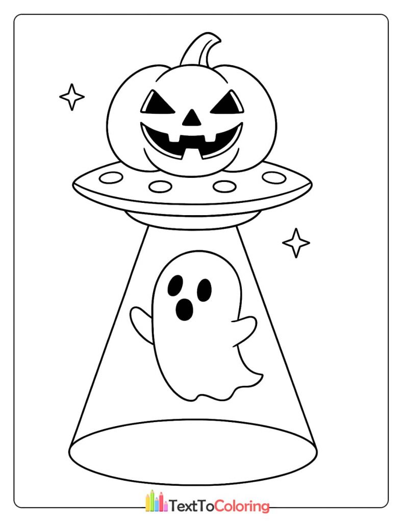 Cute ghost abducted by jack o lantern UFO coloring
