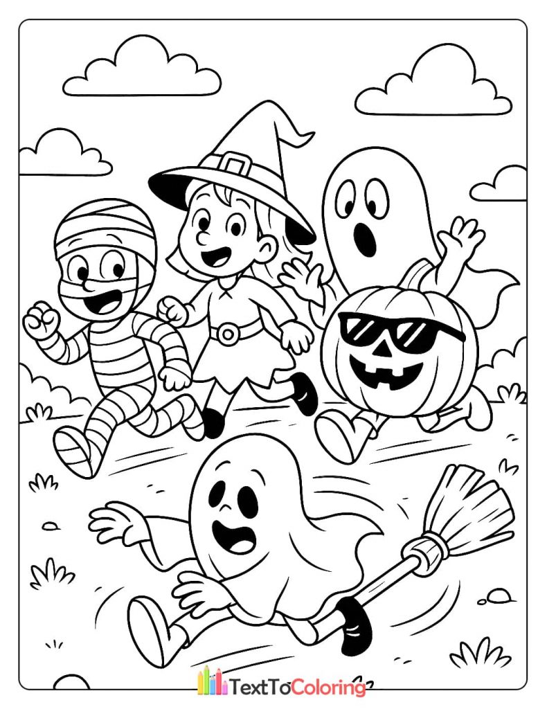A mummy, a witch, a ghost, a pumpkin, and a ghost on a broomstick running together in a group.