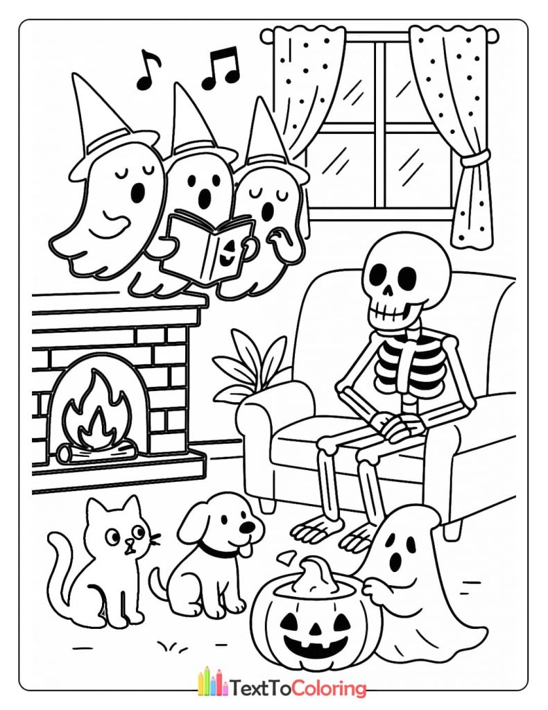 A skeleton sitting on a couch listening to three ghosts in witch hats singing from a spellbook. A cat, a dog, and another ghost are on the floor.