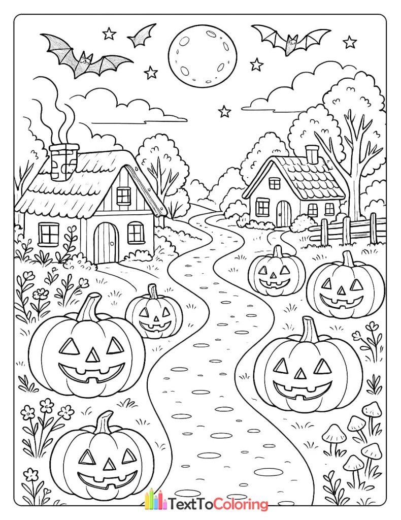 A path lined with smiling pumpkins leading to two cottages in a village under a full moon with bats.