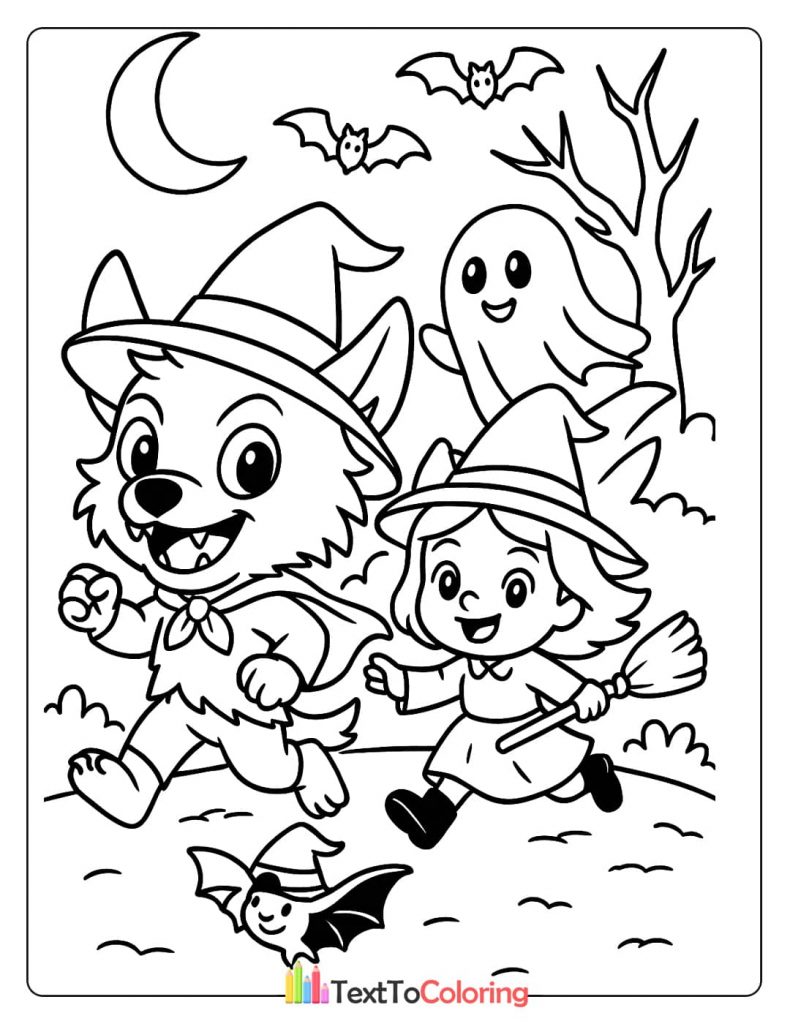A werewolf dressed as a wizard, a witch, and a friendly ghost running together on Halloween night.