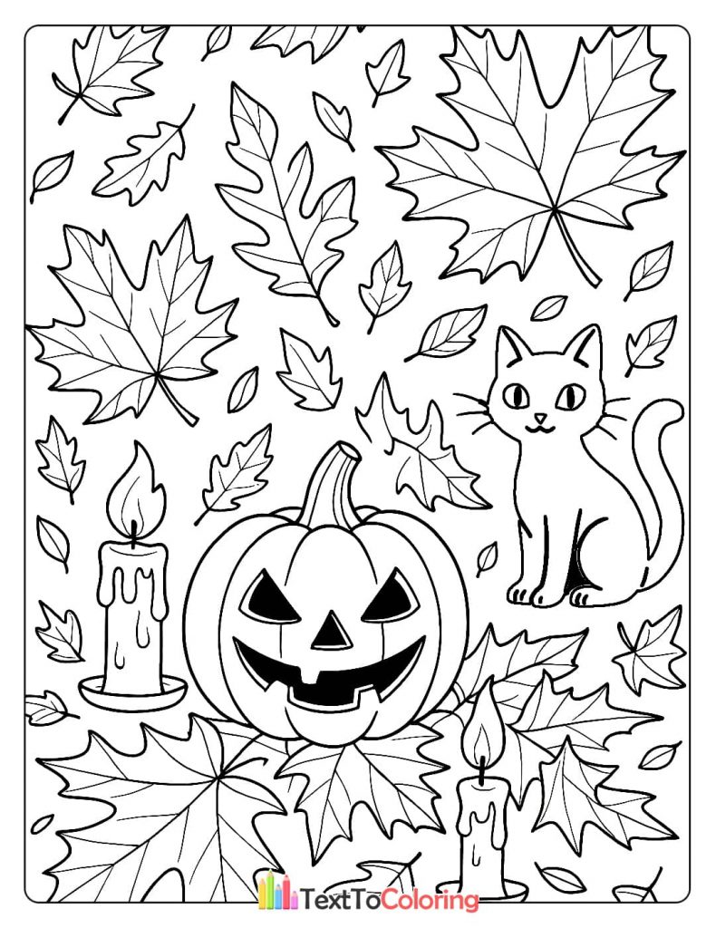 A spooky and cute coloring page featuring a carved jack-o'-lantern, candles, a black cat, and fallen autumn leaves.