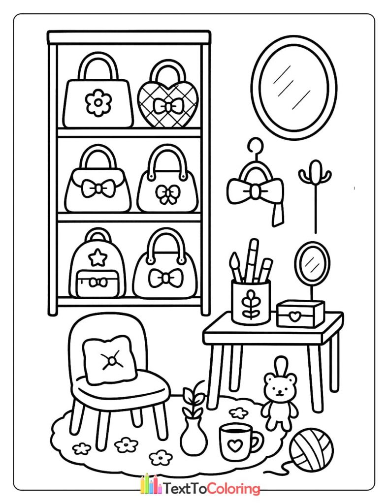 A fashion-themed coloring page with a shelf of handbags, a mirror, a chair with a pillow, and a table with brushes.