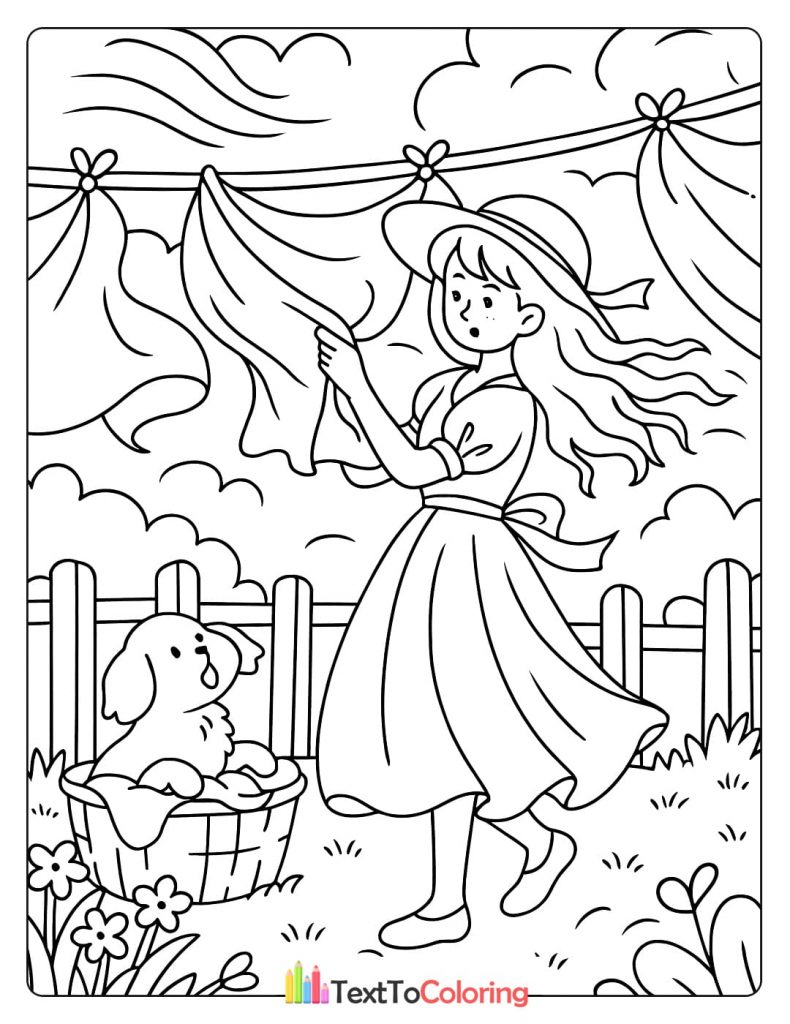 A girl hangs clothes on a line in the breeze with a small dog in a basket nearby.