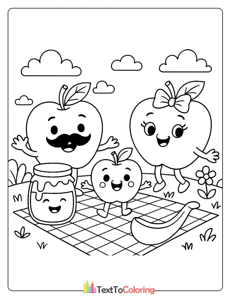 A coloring page of a cartoon apple family having a picnic with honey and challah.