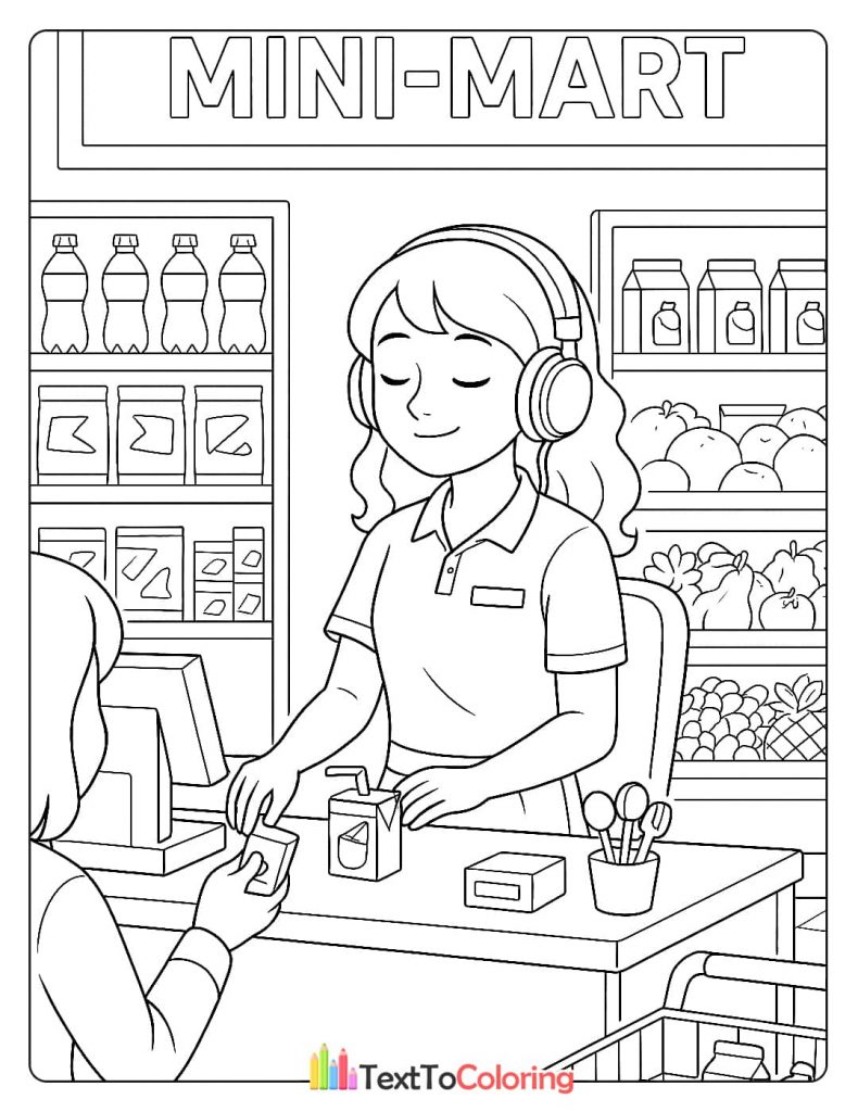 A smiling mini-mart cashier wearing headphones and scanning a customer's item.